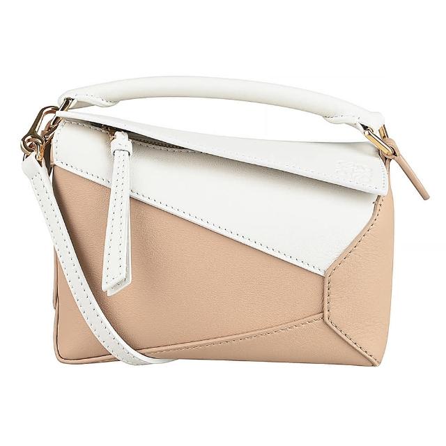 【LOEWE 羅威】LOEWE Puzzle經典壓印LOGO拼圖撞色小牛皮手提肩背斜背包(迷你/棉花白x米)
