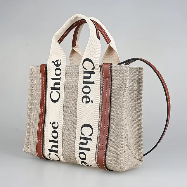 【Chloe’ 蔻依】Chloe Woody經典品牌LOGO設計亞麻帆布小牛皮手提肩背斜背托特包(小/白x棕)