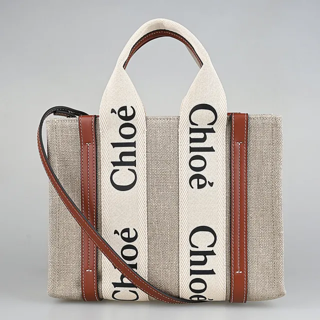 【Chloe’ 蔻依】Chloe Woody經典品牌LOGO設計亞麻帆布小牛皮手提肩背斜背托特包(小/白x棕)