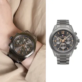 【Tommy Hilfiger】槍灰色款 玫瑰金色刻度 三眼日期顯示 不鏽鋼錶帶 46mm 男錶 手錶 年中慶(1792061)