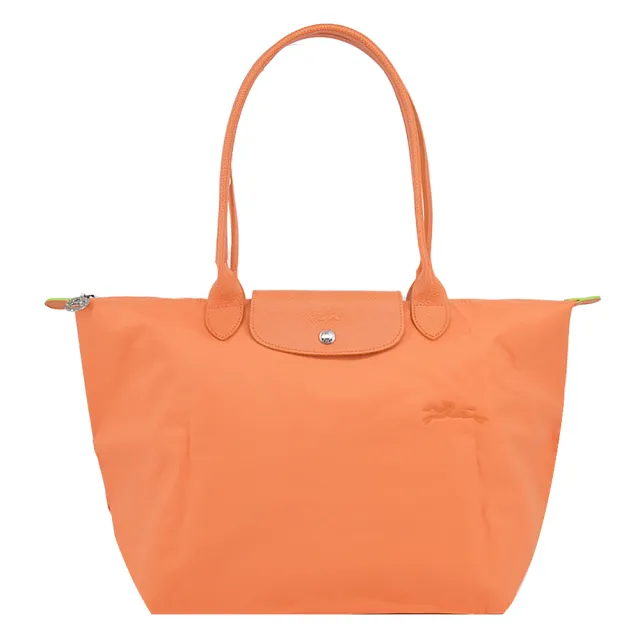 【LONGCHAMP】LE PLIAGE GREEN系列刺繡長把再生尼龍摺疊水餃包(大/橙)