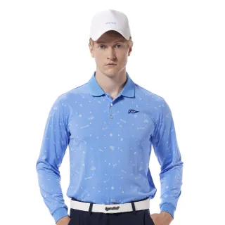 【Lynx Golf】男款吸濕排汗抗UV機能滿版線條俏皮印花長袖POLO衫/高爾夫球衫(藍紫色)