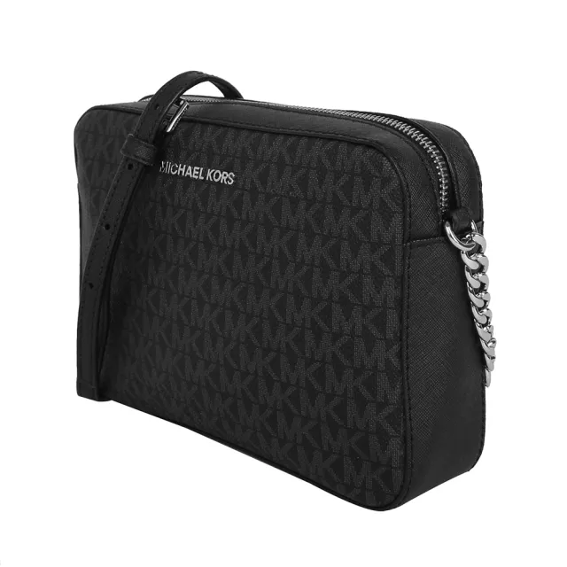 【Michael Kors】銀字滿版防刮LOGO拉鍊斜背方包(黑灰)
