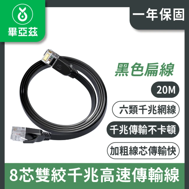 biaze 畢亞茲 CAT6網絡線 8芯雙絞千兆高速傳輸線 黑色扁線 20m