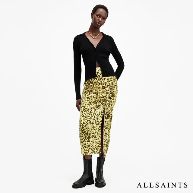 【ALLSAINTS】ALEXIA 豹紋印花開衩中長裙 W008RB(修身版型)