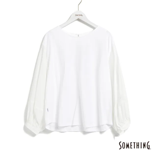 【SOMETHING】女裝 異材質泡泡袖薄長袖T恤(白色)