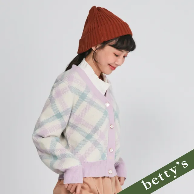 【betty’s 貝蒂思】出清品  短版撞色格紋V領開襟毛衣(紫色)