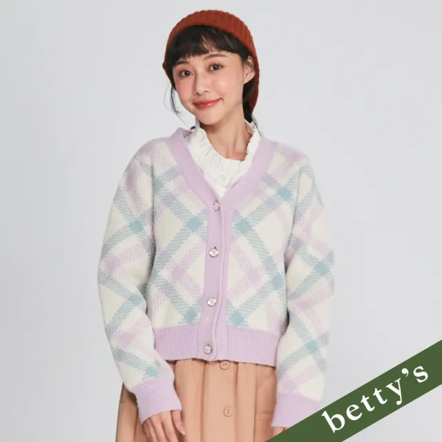 【betty’s 貝蒂思】出清品  短版撞色格紋V領開襟毛衣(紫色)