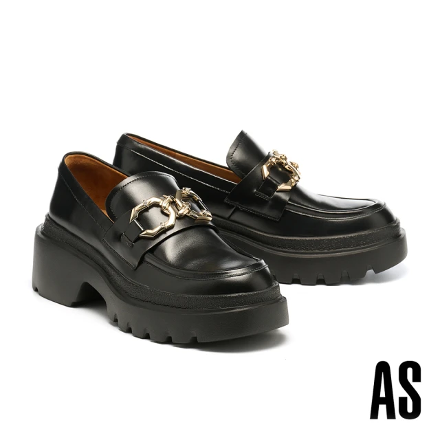 AS 集團 復古時髦金屬鍊釦啞光牛油皮樂福厚底鞋(黑) 推薦