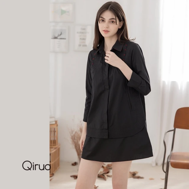 Qiruo 奇若名品 秋冬專櫃黑色上衣2129A 長版襯衫遮臀上衣(M-2XL)