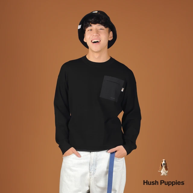 Hush Puppies 男裝 線衫 質感簡約素面假兩件貼袋長袖線衫(黑色 / 44113101)