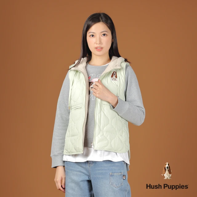 Hush Puppies 女裝 背心 菱格紋雙面穿刺繡狗鋪棉背心(淺綠 / 44217103)