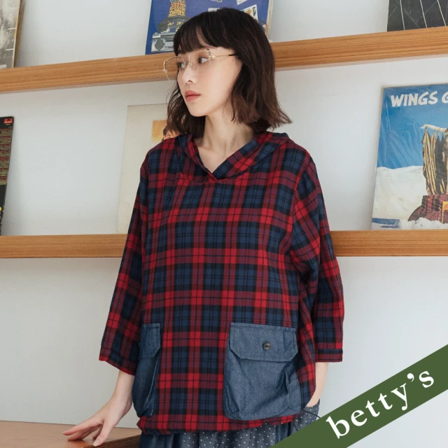 betty’s 貝蒂思 牛仔口袋拼接格紋連帽七分袖上衣(紅色)