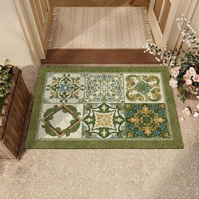 【JEN】復古藝術花磚可裁剪除塵絲圈玄關地墊50*80cm