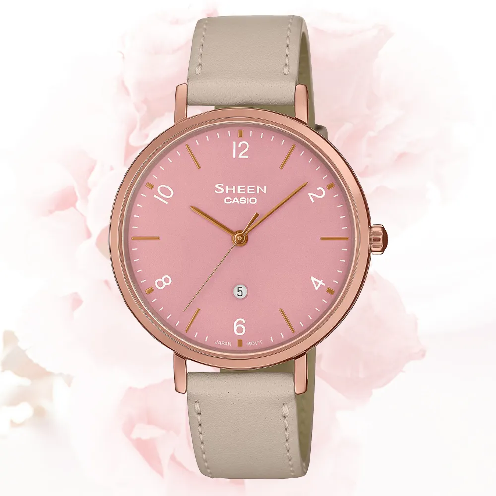 【CASIO 卡西歐】SHEEN 都市時尚配色 真皮錶帶淑女腕錶-粉34mm(SHE-4562PGL-4A)