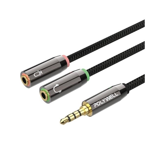 【POLYWELL】3.5mm AUX音源轉接線 1公2母 BRAID版 /25公分