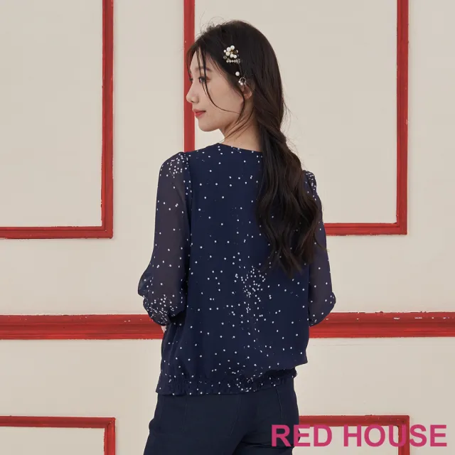 【RED HOUSE 蕾赫斯】綁帶鏤空點點印花上衣(藍色)