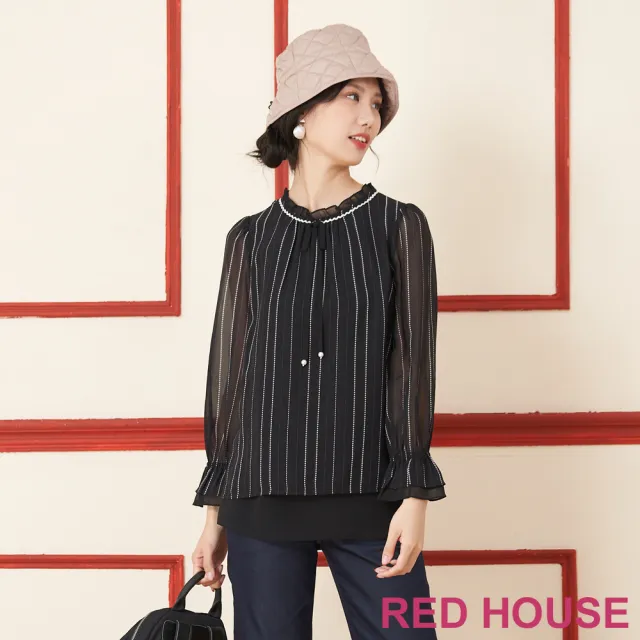【RED HOUSE 蕾赫斯】蝴蝶結荷葉領直條紋上衣(黑色)