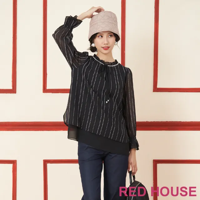 【RED HOUSE 蕾赫斯】蝴蝶結荷葉領直條紋上衣(黑色)
