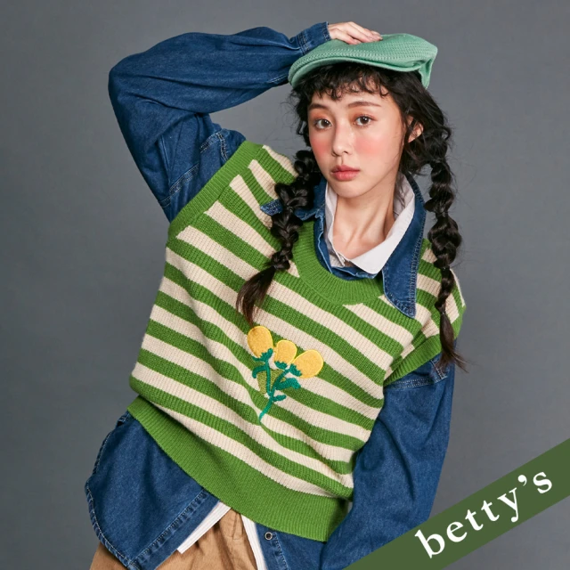 betty’s 貝蒂思 毛巾小花刺繡橫條紋毛衣背心(綠色)