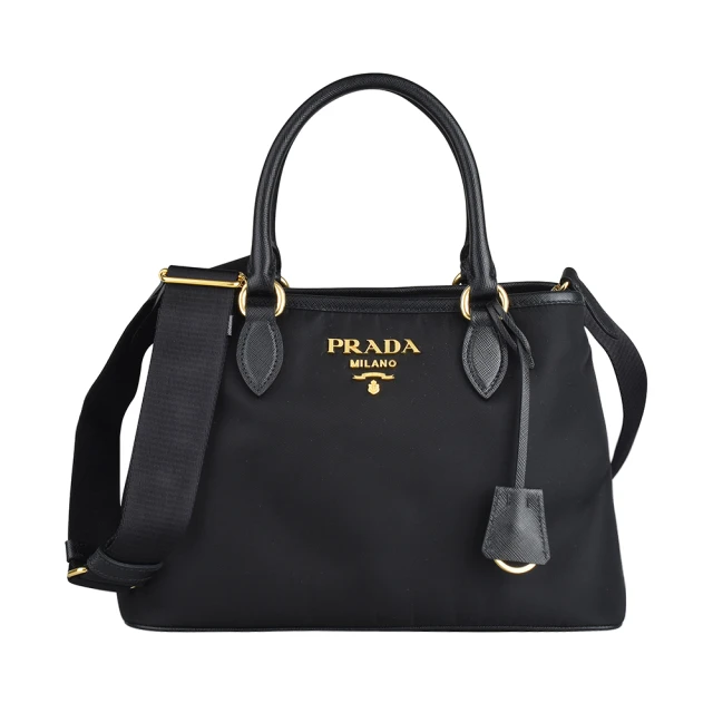 PRADA 普拉達 PRADA金字LOGO釦式尼龍滾邊防刮牛皮手提斜背托特包(中/黑)