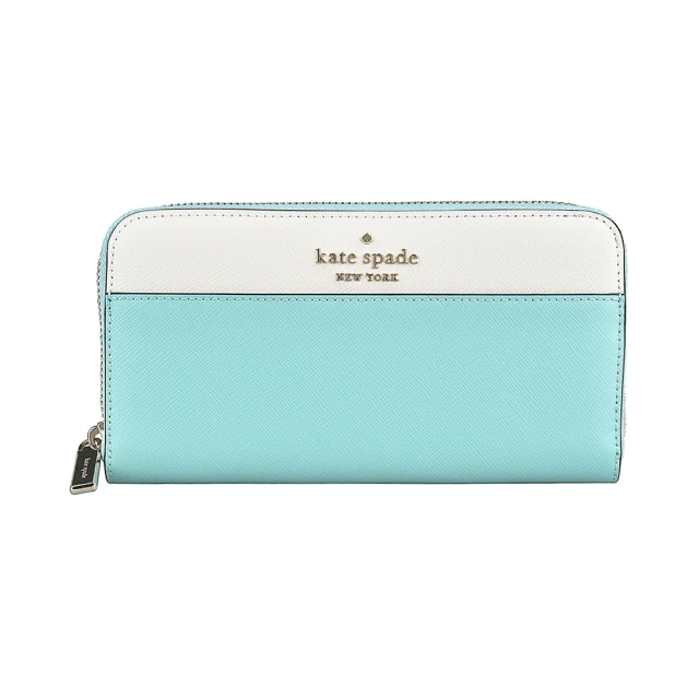 KATE SPADE Kate Spade STACI金字LOGO拉鍊12卡防刮牛皮拼色設長夾(泳池藍x白)