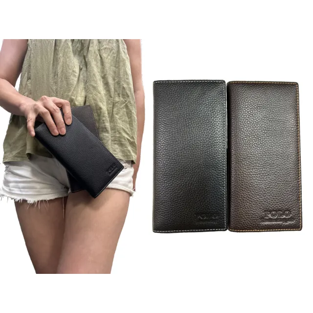 【POLO】長夾 中性款 100%進口牛皮革 二折型 大容量 不折鈔