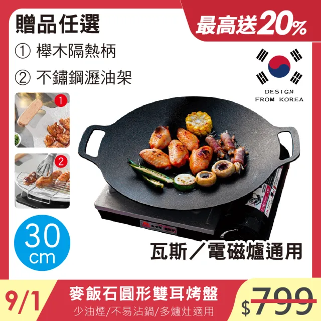 【鼎匠】韓式重力鑄造IH萬用不沾烤盤30cm(圓形麥飯石雙耳 露營煎炒 送瀝油架or防燙木柄 瓦斯/電磁爐通用)