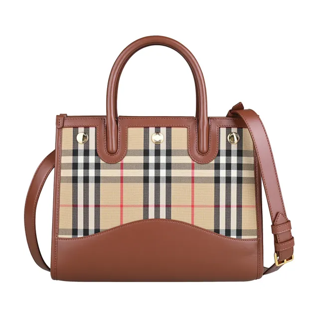 【BURBERRY 巴寶莉】BURBERRY Title金釦LOGO帆布拼接小牛皮吊釦式手提/斜背包(駝x米格紋)