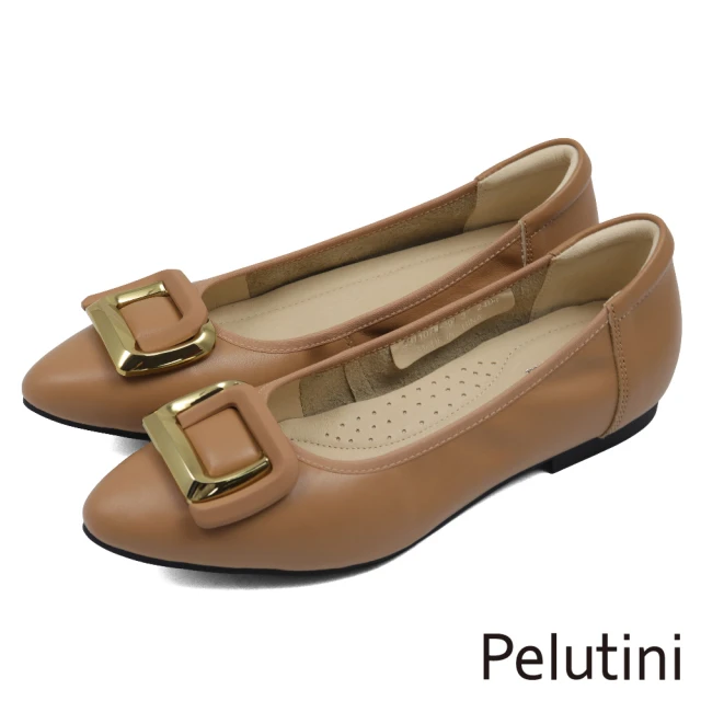 Pelutini 尖頭金屬方形釦飾平底淑女包鞋 棕色(431107W-BR)