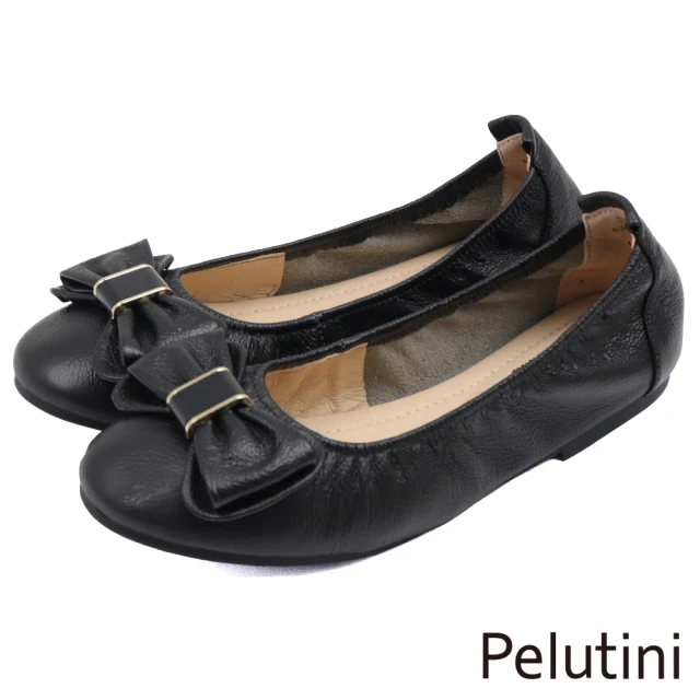 Pelutini 典雅金屬蝴蝶結釦飾平底淑女包鞋 黑色(431115W-BL)