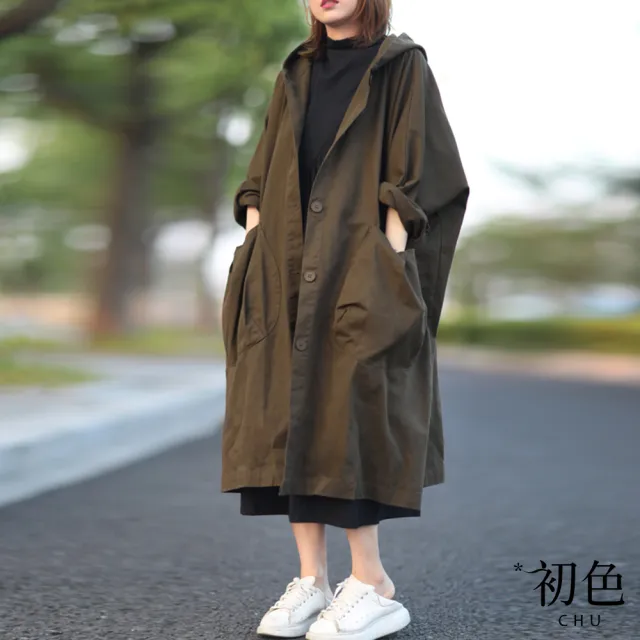【初色】寬鬆大碼大口袋純色中長款連帽工裝風衣外套-共2色-31456(F可選)（其他規格）