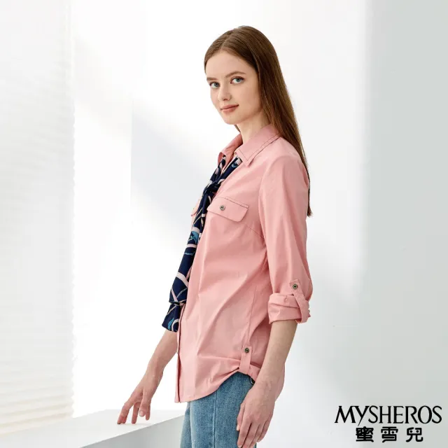 【MYSHEROS 蜜雪兒】純棉長版襯衫上衣 附絲巾 排釦翻領可調節袖設計(粉)