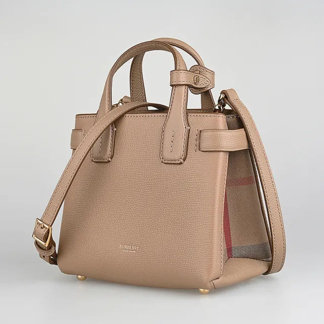 【BURBERRY 巴寶莉】BURBERRY The Baby Banner House燙金字LOGO牛皮釦帶開口式手提/斜背包(小/駝x格紋)