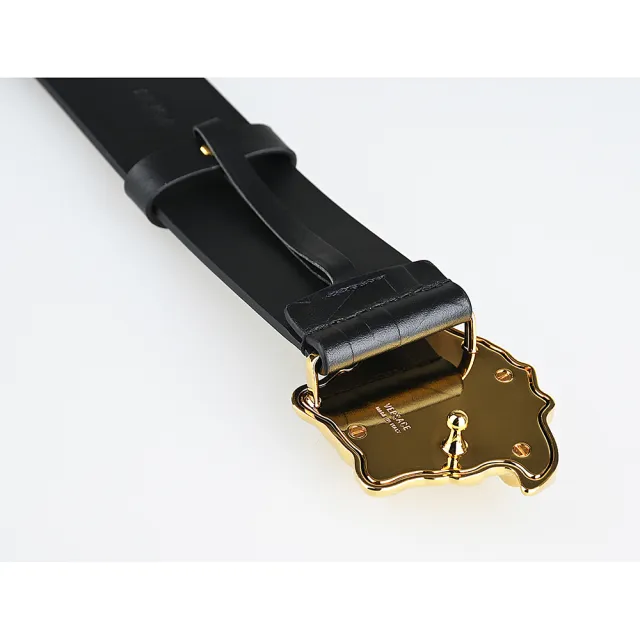 【VERSACE 凡賽斯】VERSACE La Medusa Greca鍍金扣頭LOGO壓花小牛皮扣式皮帶(男款/黑)