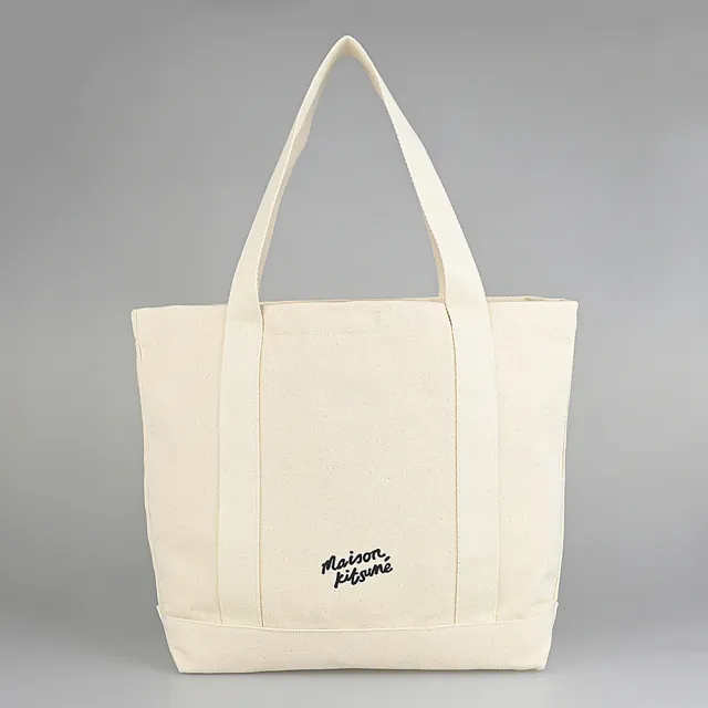 【Maison Kitsune】MAISON KITSUNE燙印白字LOGO帆布狐狸頭圖案開口式手提/肩背托特包(自然米)