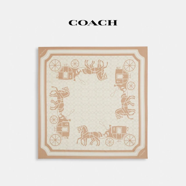 COACH蔻馳官方直營 經典Logo馬車圖案絲綢方形圍巾-灰褐色(CM321)