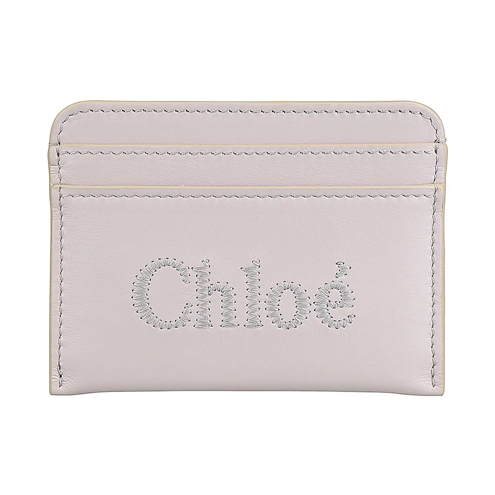 【Chloe’ 蔻依】Chloe’ Sense刺繡LOGO小牛皮結合小羊皮4卡名片卡夾(野淺灰)