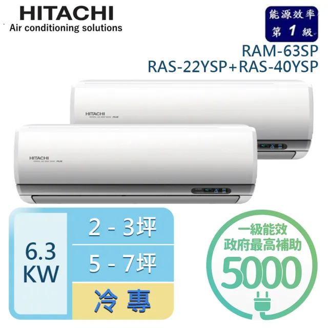 【HITACHI 日立】2-3坪+5-7坪 R32一級能效變頻冷專一對二分離式冷氣(RAM-63SP/RAS-22YSP+RAS-40YSP)