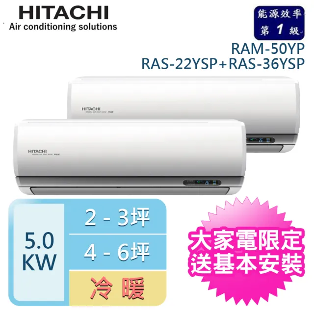 【HITACHI 日立】2-3坪+4-6坪 R32一級能效變頻冷暖一對二分離式冷氣(RAM-50YP/RAS-22YSP+RAS-36YSP)