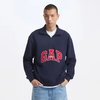 【GAP】男裝 Logo刺繡刷毛翻領長袖上衣 碳素軟磨系列-海軍藍(609264)