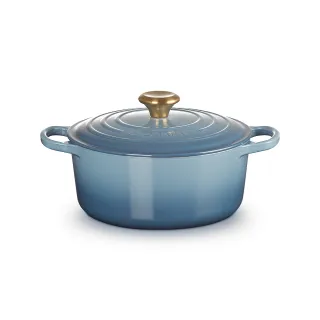 【Le Creuset】典藏琺瑯鑄鐵鍋圓鍋24cm(藍色迷霧-金頭-內鍋白)