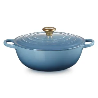 【Le Creuset】典藏琺瑯鑄鐵鍋媽咪鍋28cm(藍色迷霧-金頭-內鍋黑)