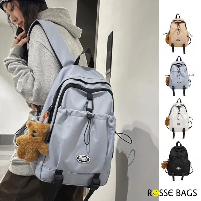 【Rosse Bags】少女小熊掛飾文青學院風格電腦背包(現+預  黑色／卡其色／白色／藍