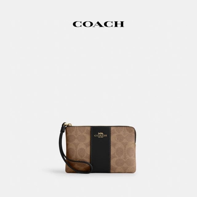 COACH 經典Logo條紋圖案拉鍊手手腕包-IM/棕黃色/