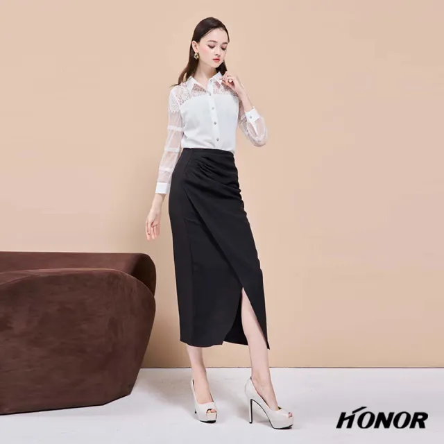 【HONOR 山形屋】出清品 顯瘦緞面側開岔裙-紅/黑(限定出清)