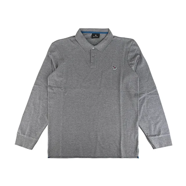 【Paul Smith】PAUL SMITH胸前布標斑馬LOGO彩色設計純棉長袖polo衫(男款/灰x海軍藍)