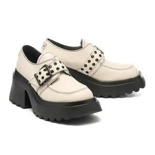 【MISS 21】重金屬少女鉚釘大方釦繫帶高跟大頭厚底鞋(白)