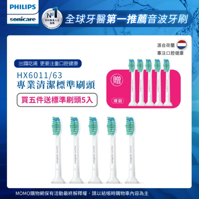 【Philips 飛利浦】音波牙刷標準型刷頭_HX6011/63*5組(1入/組 共5入)