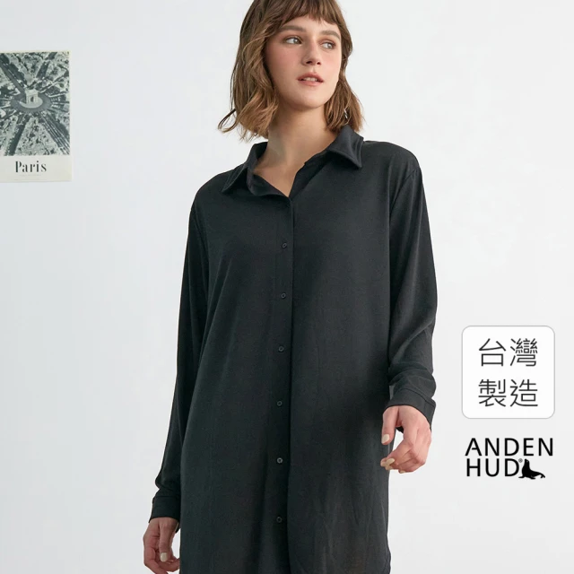 Anden Hud 連身_Travel memory．襯衫式開襟長袖睡衣(黑色)